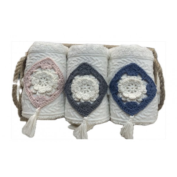 Πετσέτες κουζίνας - Σετ πετσέτες 3τμχ με πλεκτό κέντημα 30x50 & ψάθινο καλαθάκι  Modavana
